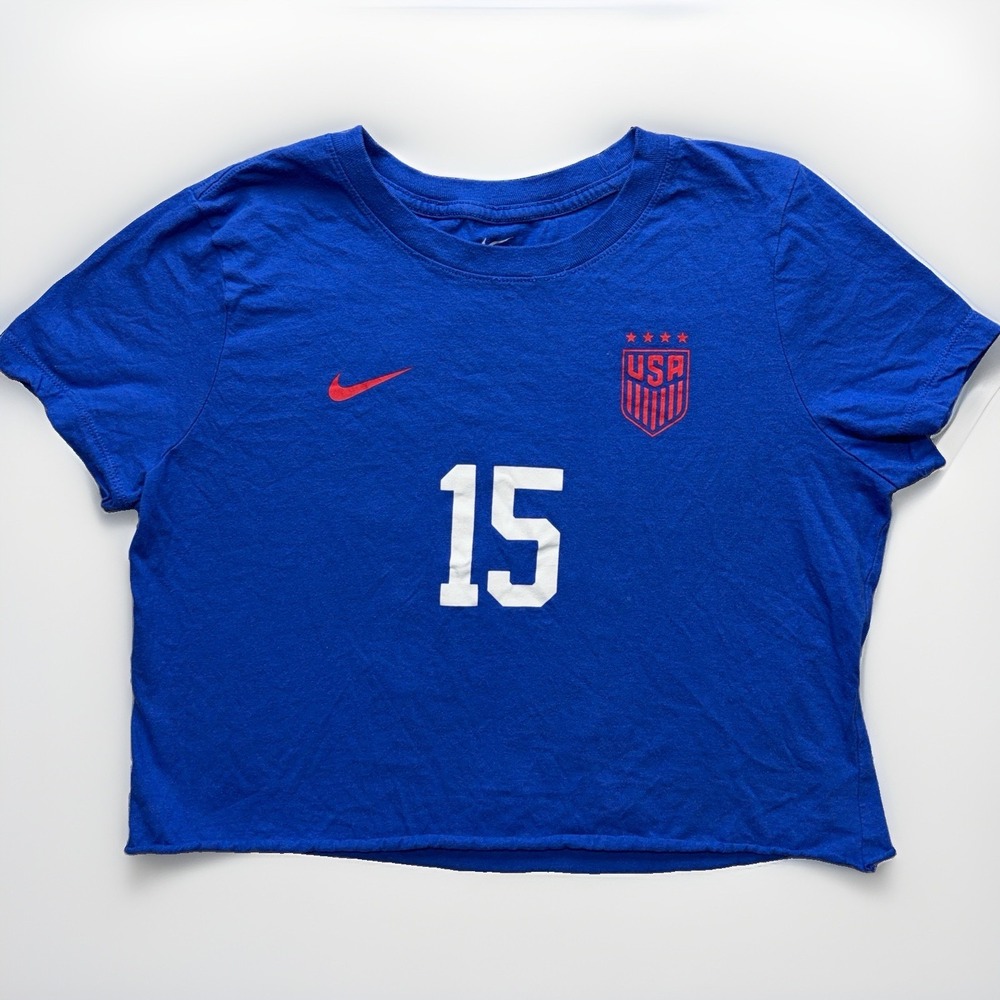 Nike USA Soccer Megan Rapinoe #15 T Shirt Women's M Blue Crop Top Tee USWNT Logo